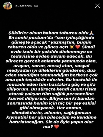 Buse Terim Bahçekapılı: "Babam Taburcu Oldu Ve Güneş Açtı"
